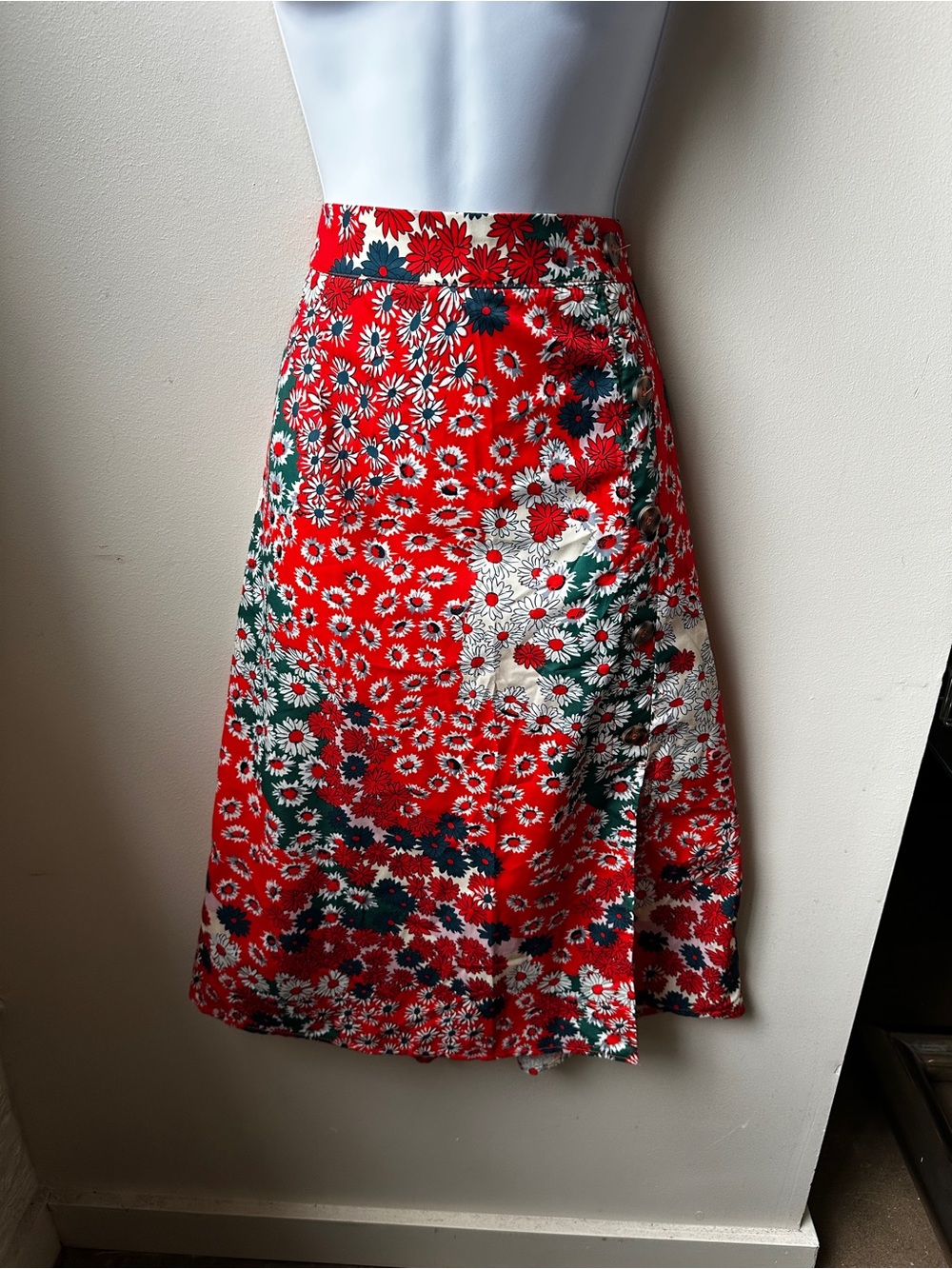 Floral Patchwork Daisy Button Front Midi Skirt High Waist Summer Boho Slit